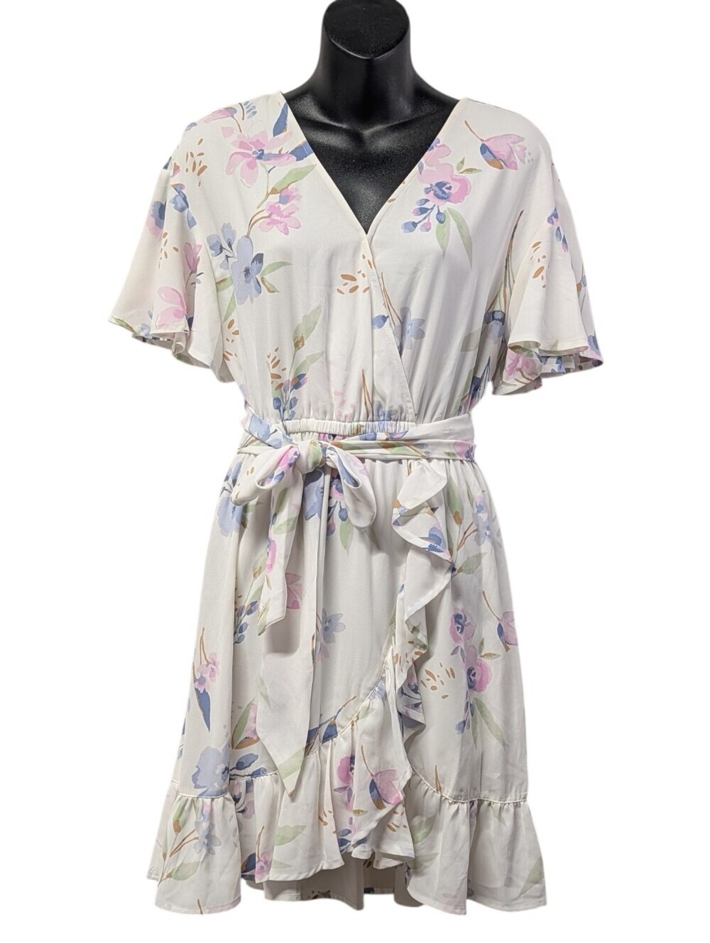 Lauren Conrad Floral Wrap Dress Size S Ruffle Hem Flutter Sleeve Tie Waist Mini